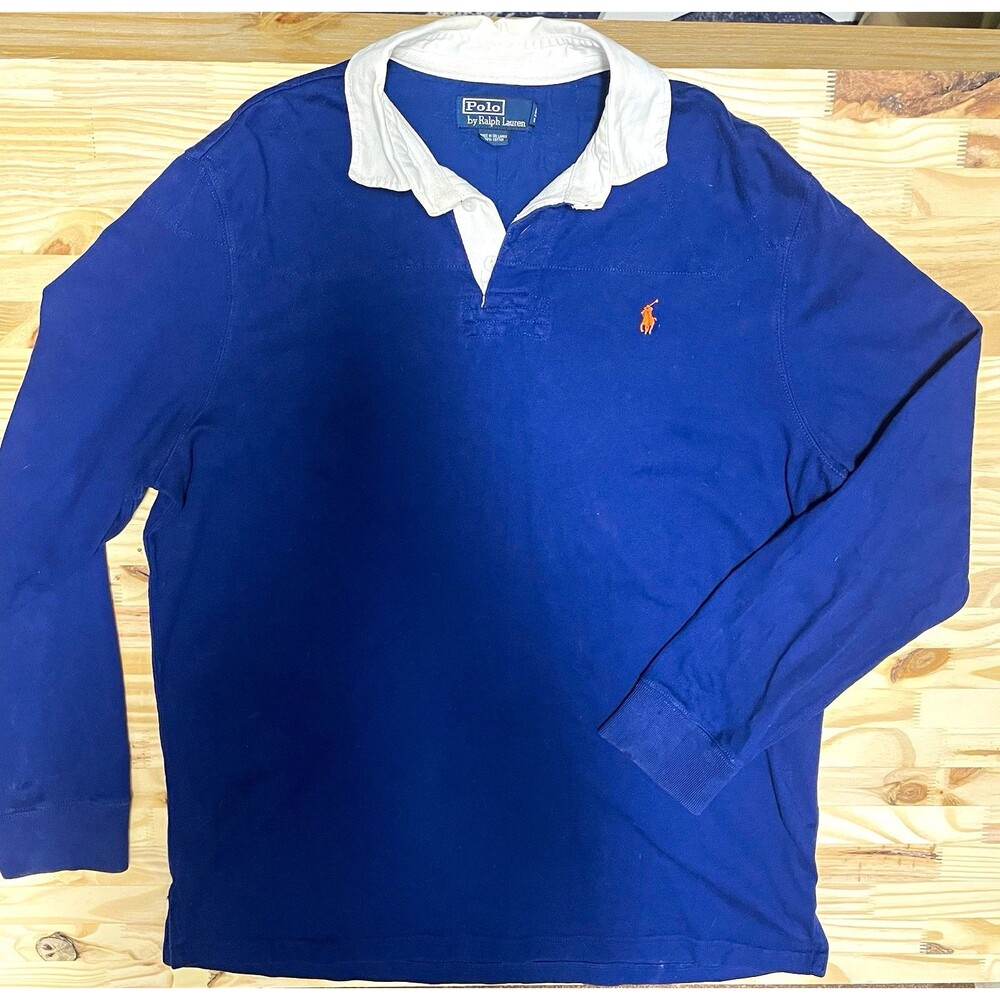 Polo Ralph Lauren Heavyweight Rugby Shirt Mens L Blue White Collar Quilted Yoke